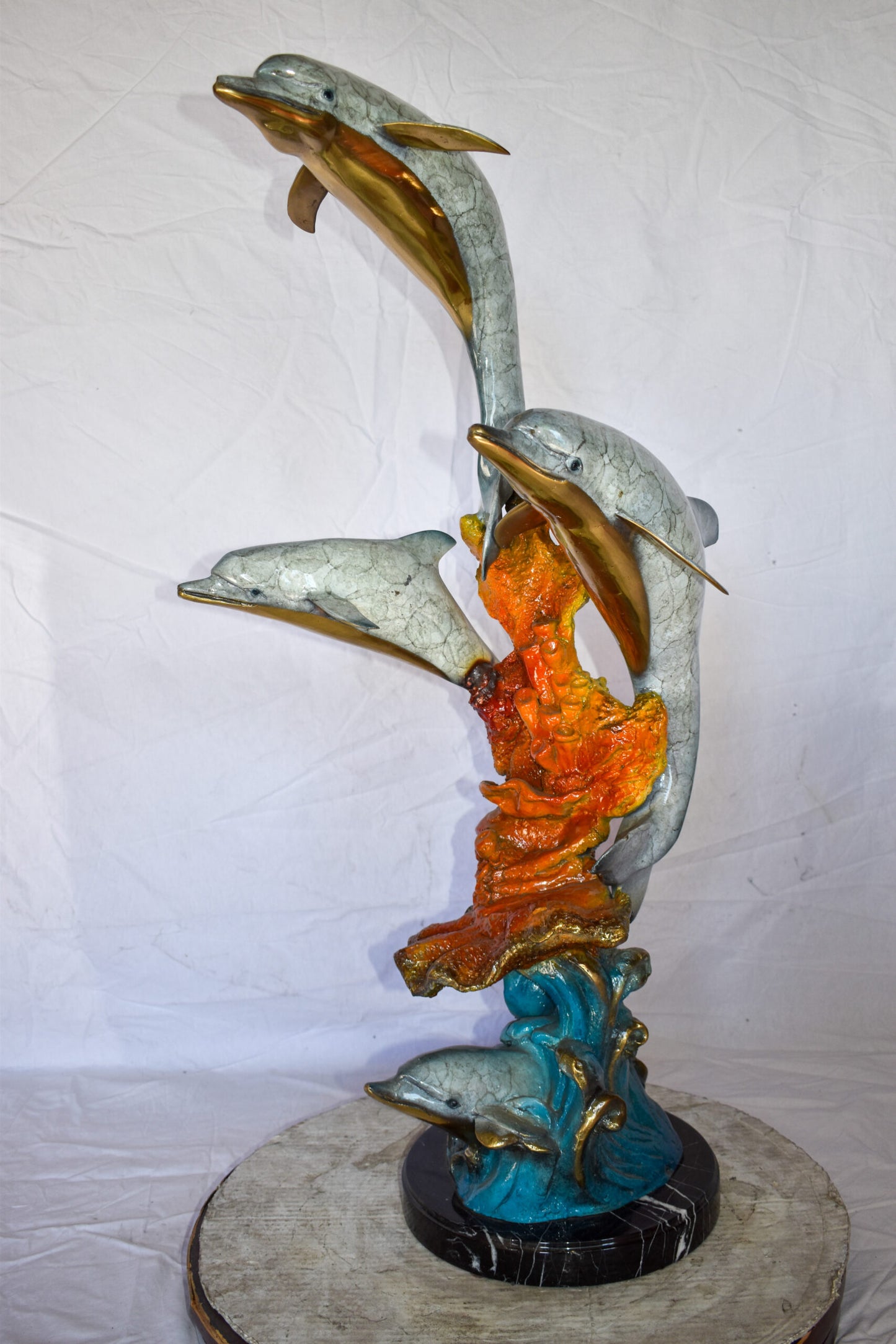 Four Dolphins Swimming in Ocean Colored Bronze Statue Size: 18" x 14" x 41"H