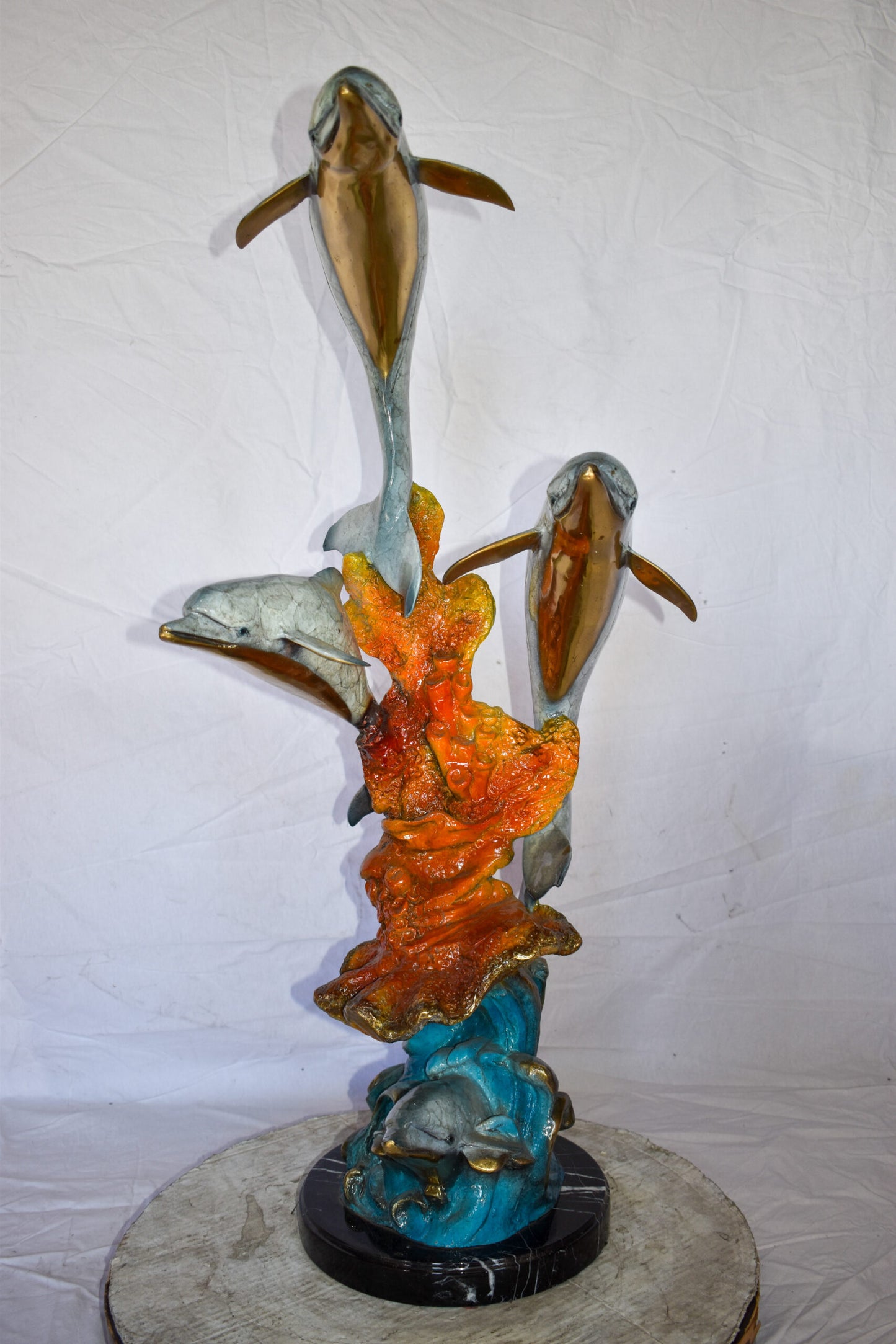 Four Dolphins Swimming in Ocean Colored Bronze Statue Size: 18" x 14" x 41"H