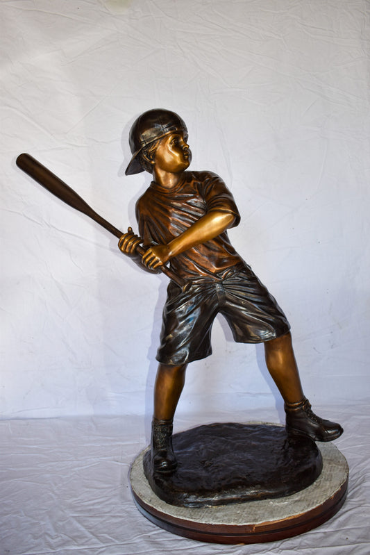 Young Boy in NY Yankees Cap Hitting Baseball Bronze Statue 40" x 22" x 40"H
