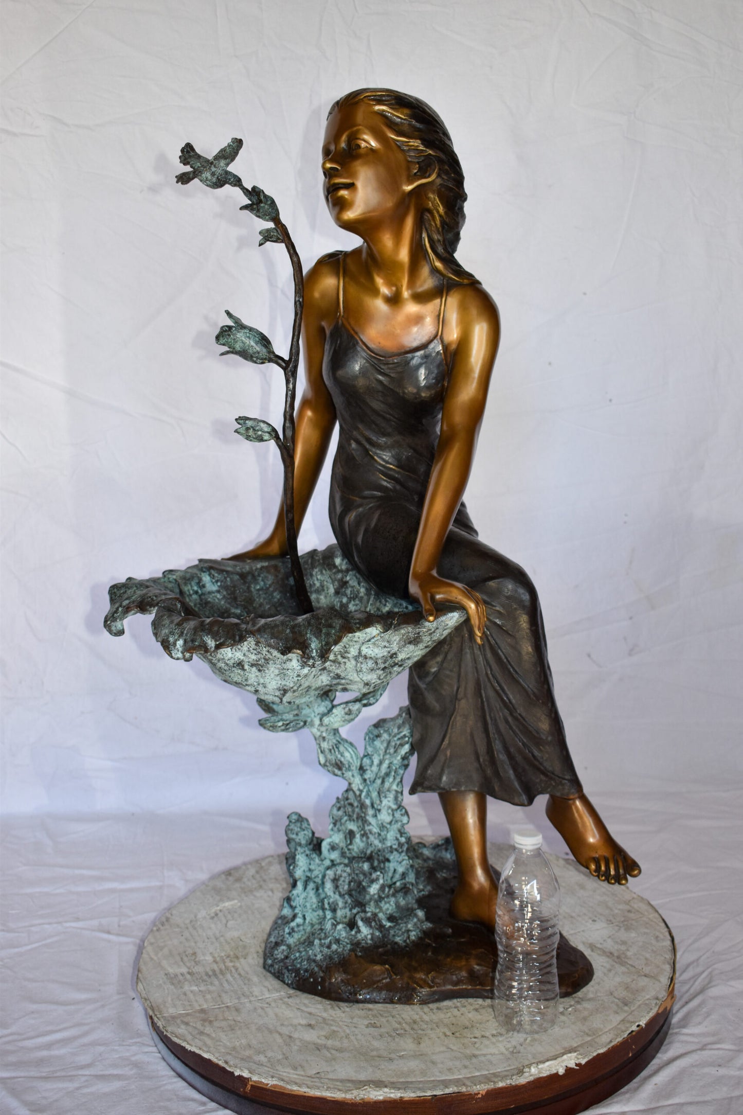 Beautiful Young Girl by A Hummingbird Bath Bronze Statue Size: 22" x 17" x 39"H