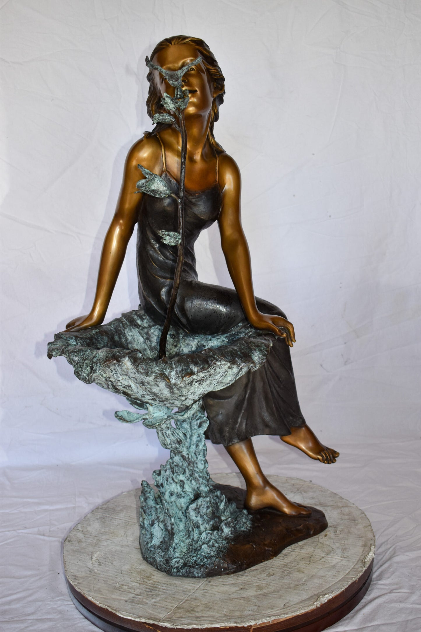 Beautiful Young Girl by A Hummingbird Bath Bronze Statue Size: 22" x 17" x 39"H