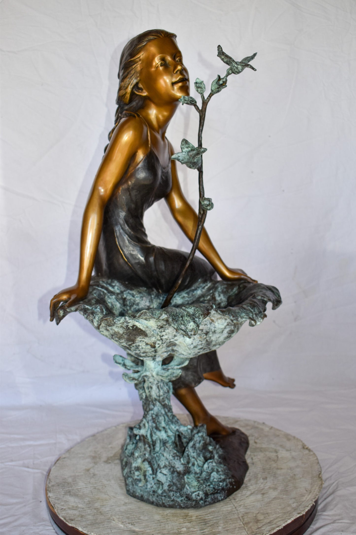 Beautiful Young Girl by A Hummingbird Bath Bronze Statue Size: 22" x 17" x 39"H