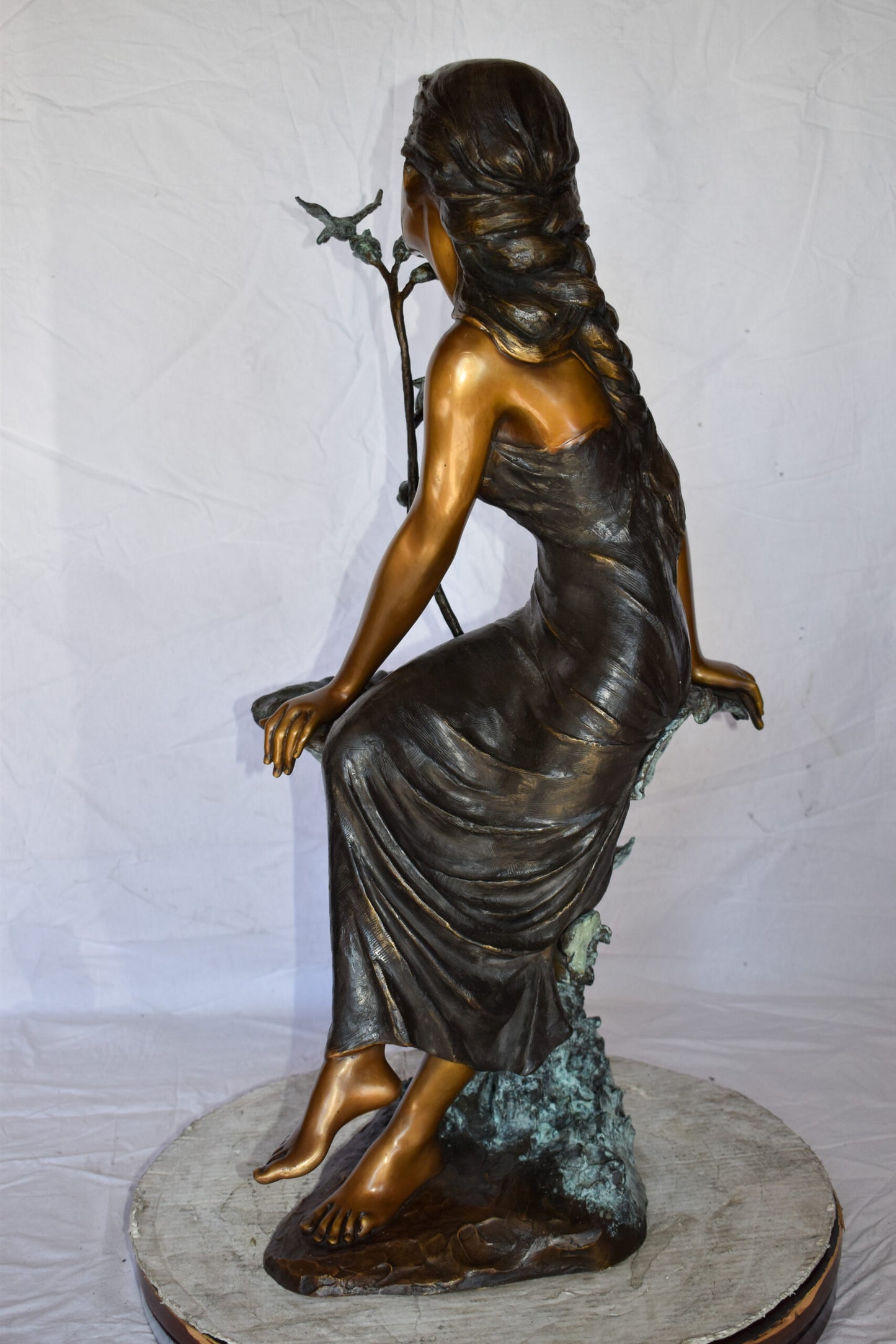 Beautiful Young Girl by A Hummingbird Bath Bronze Statue Size: 22" x 17" x 39"H