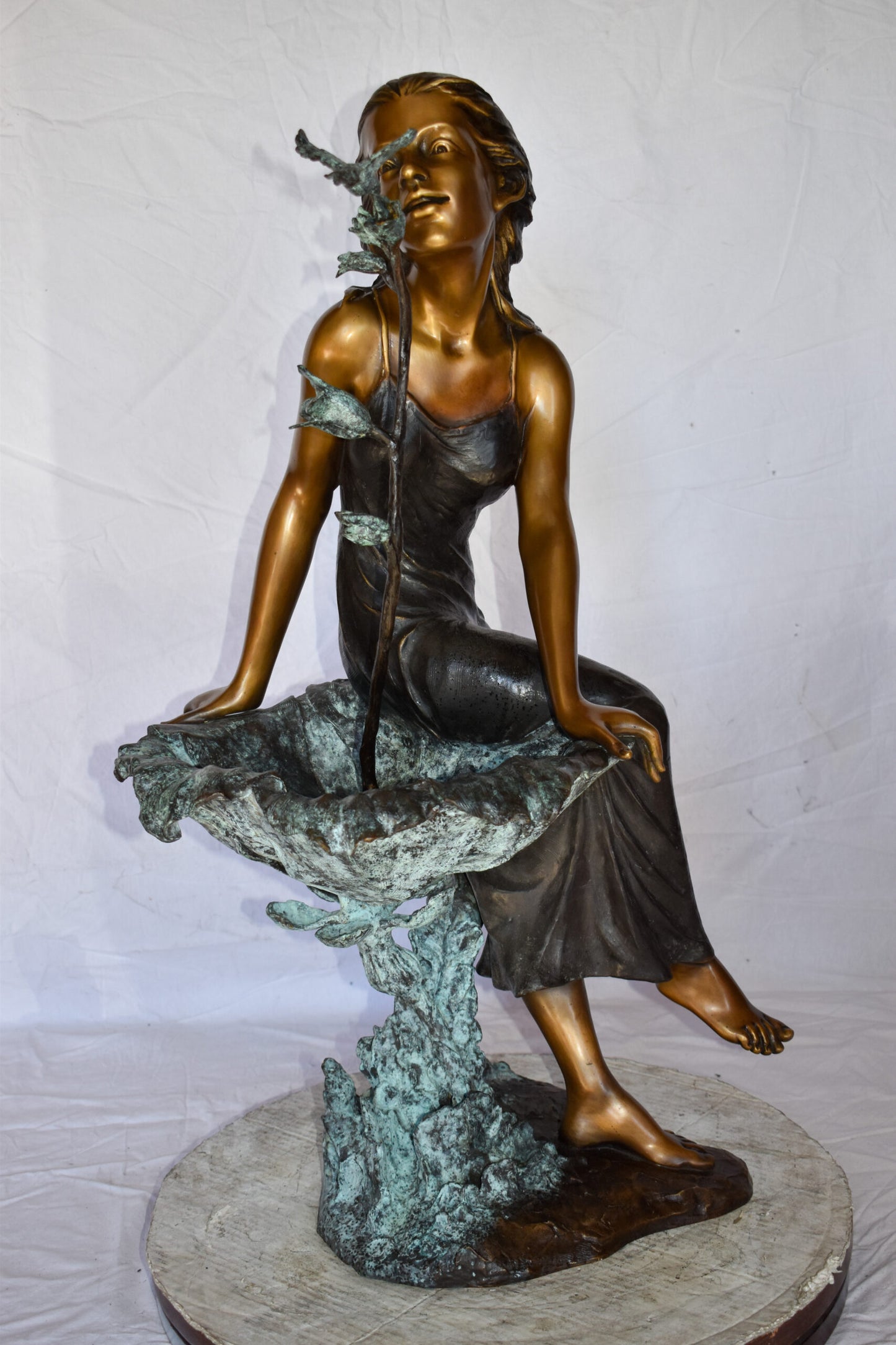Beautiful Young Girl by A Hummingbird Bath Bronze Statue Size: 22" x 17" x 39"H
