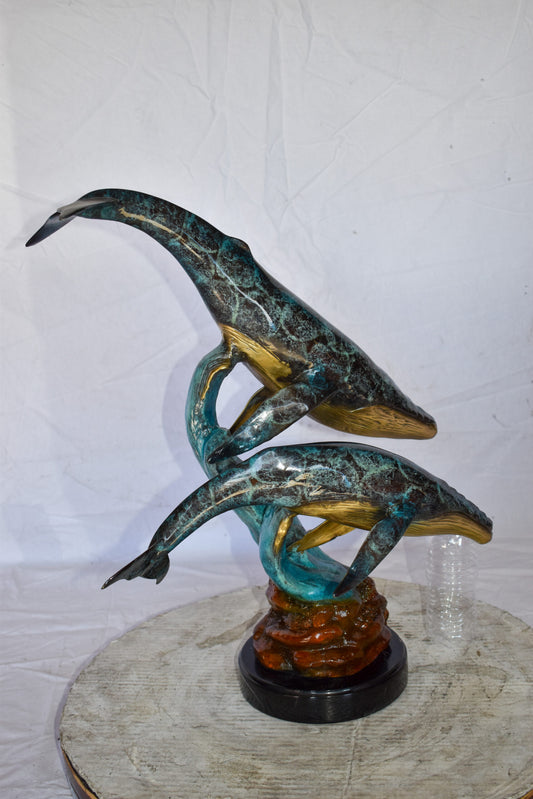 Pair of Humpback Whales Swimming in The Ocean Bronze Statue  20" x 10" x 25"H
