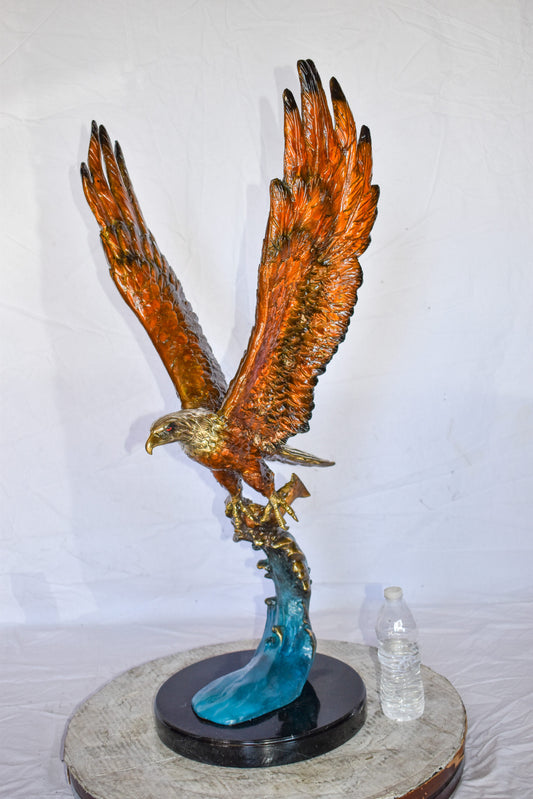 Eagle In Action Catching a Fish from Water Bronze Statue Size: 18" x 17" x 37"H