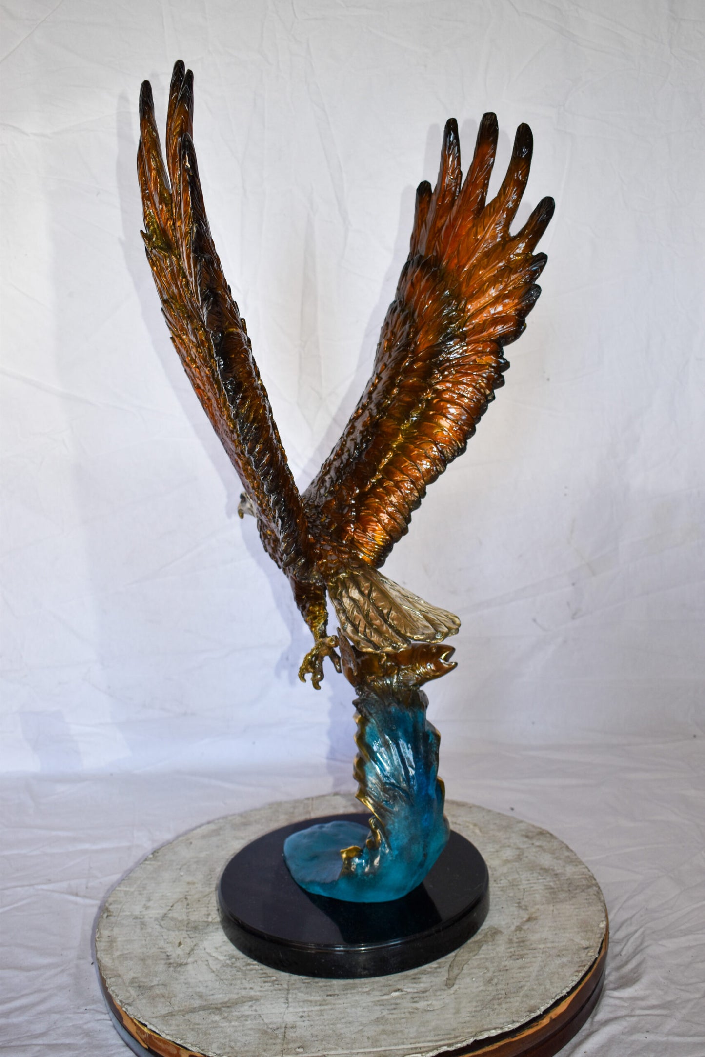 Eagle In Action Catching a Fish from Water Bronze Statue Size: 18" x 17" x 37"H