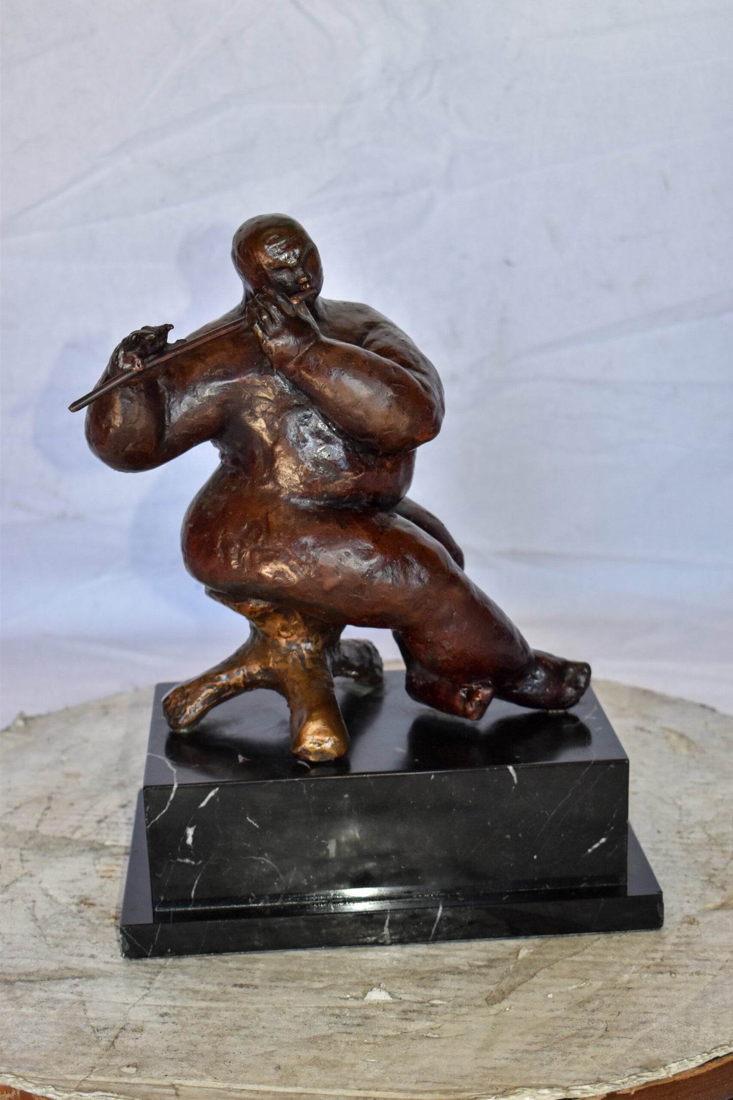 Botero Replica of Art Nude Man Playing the Flute Bronze Statue 10" x 7" x 11"H