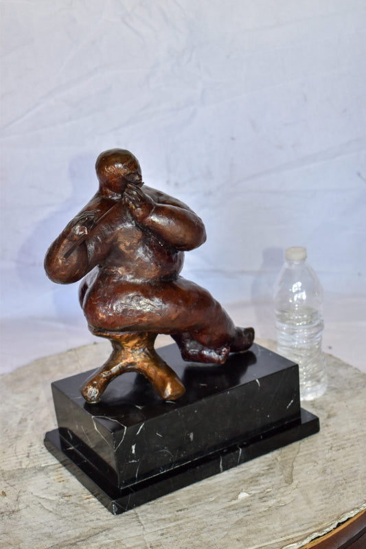 Botero Replica of Art Nude Man Playing the Flute Bronze Statue 10" x 7" x 11"H