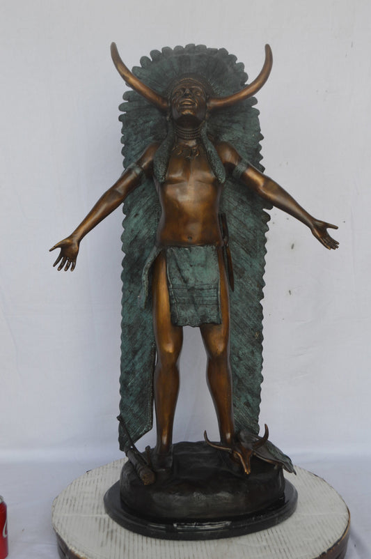 Indian with Plume bronze statue - Size: 22"L x 14"W x 38"H.