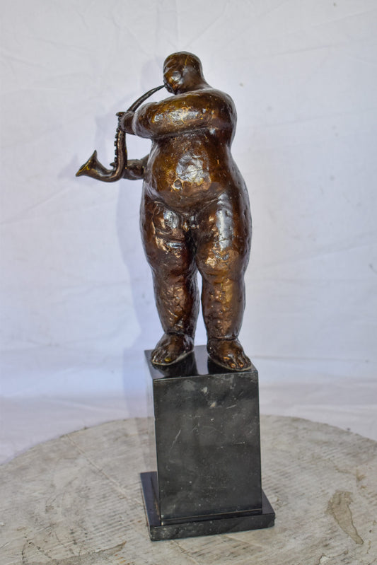 Botero Replica of Art Nude Man Playing Saxophone Bronze Statue 7" x 7" x 23"H