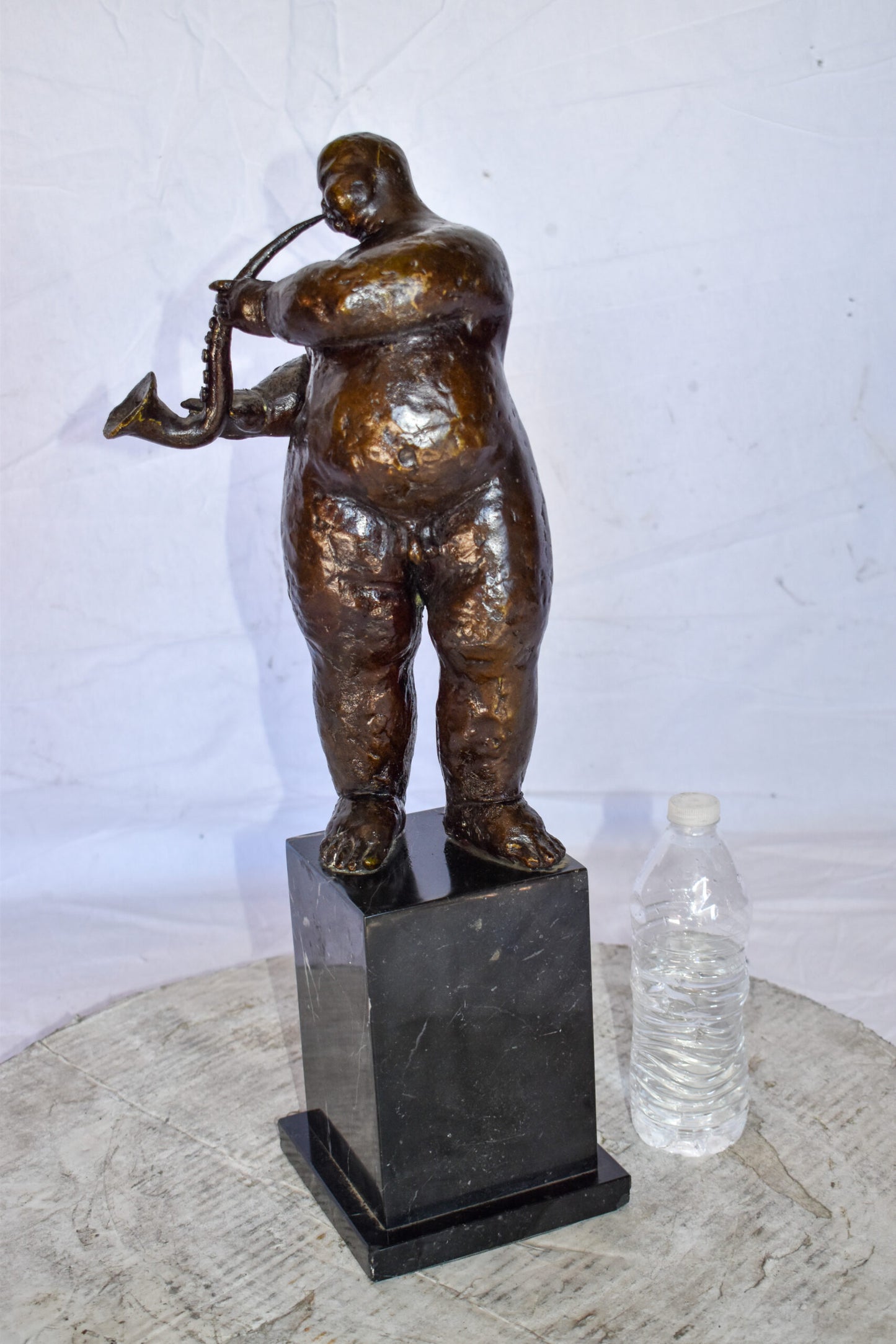 Botero Replica of Art Nude Man Playing Saxophone Bronze Statue 7" x 7" x 23"H