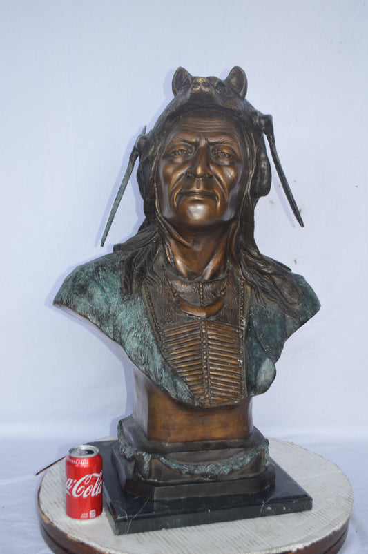 Indian Tribe Leader Bust bronze statue - Size: 22"L x 15"W x 32"H.
