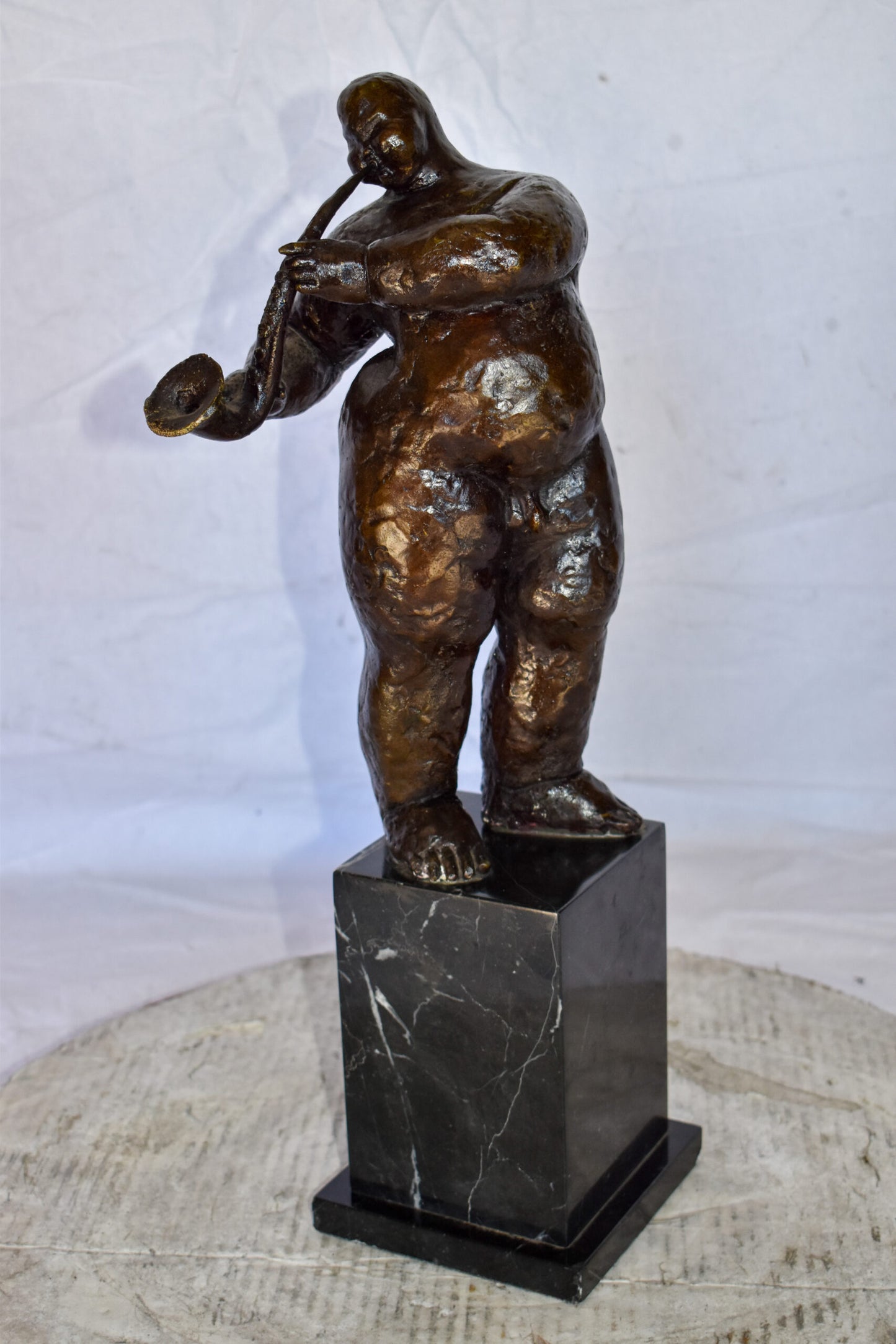 Botero Replica of Art Nude Man Playing Saxophone Bronze Statue 7" x 7" x 23"H