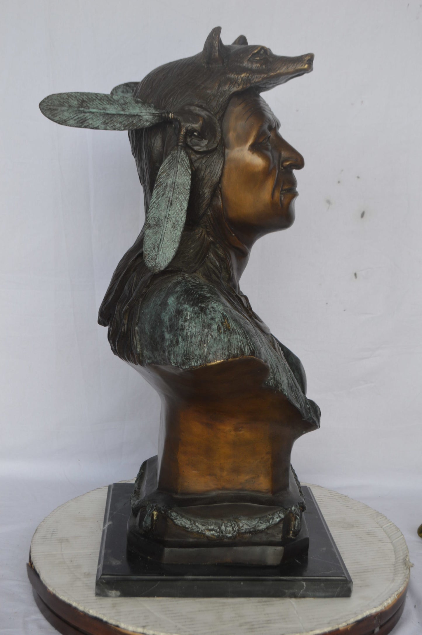 Indian Tribe Leader Bust bronze statue - Size: 22"L x 15"W x 32"H.