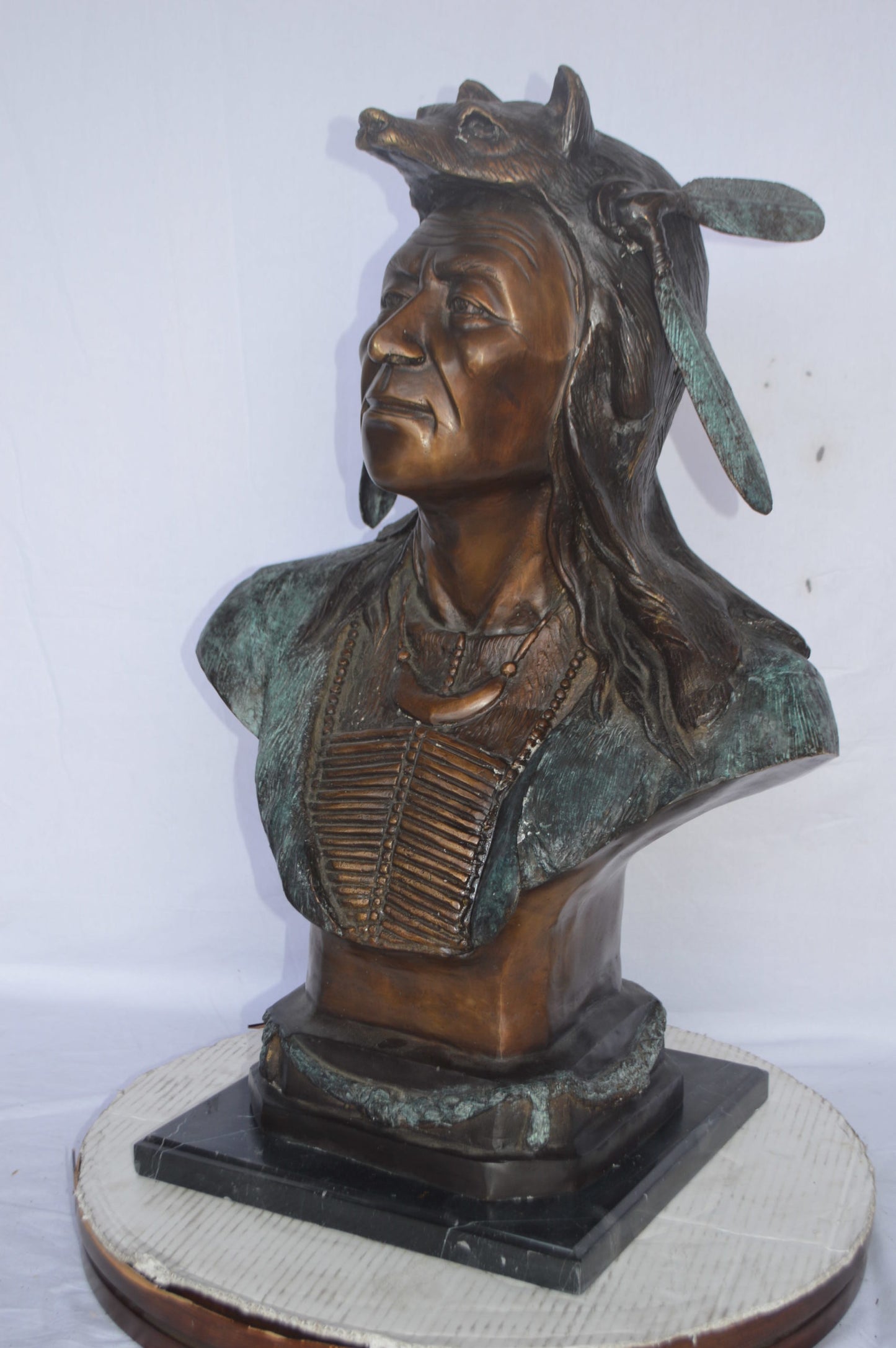 Indian Tribe Leader Bust bronze statue - Size: 22"L x 15"W x 32"H.