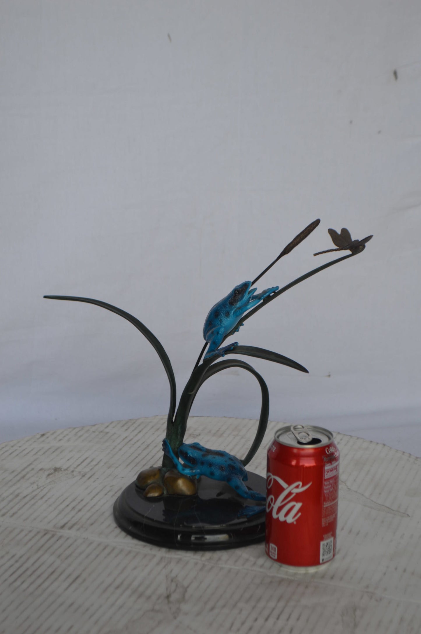 Two Blue Frogs catching a dragonfly Bronze Statue - Size: 14"L x 8"W x 12"H.