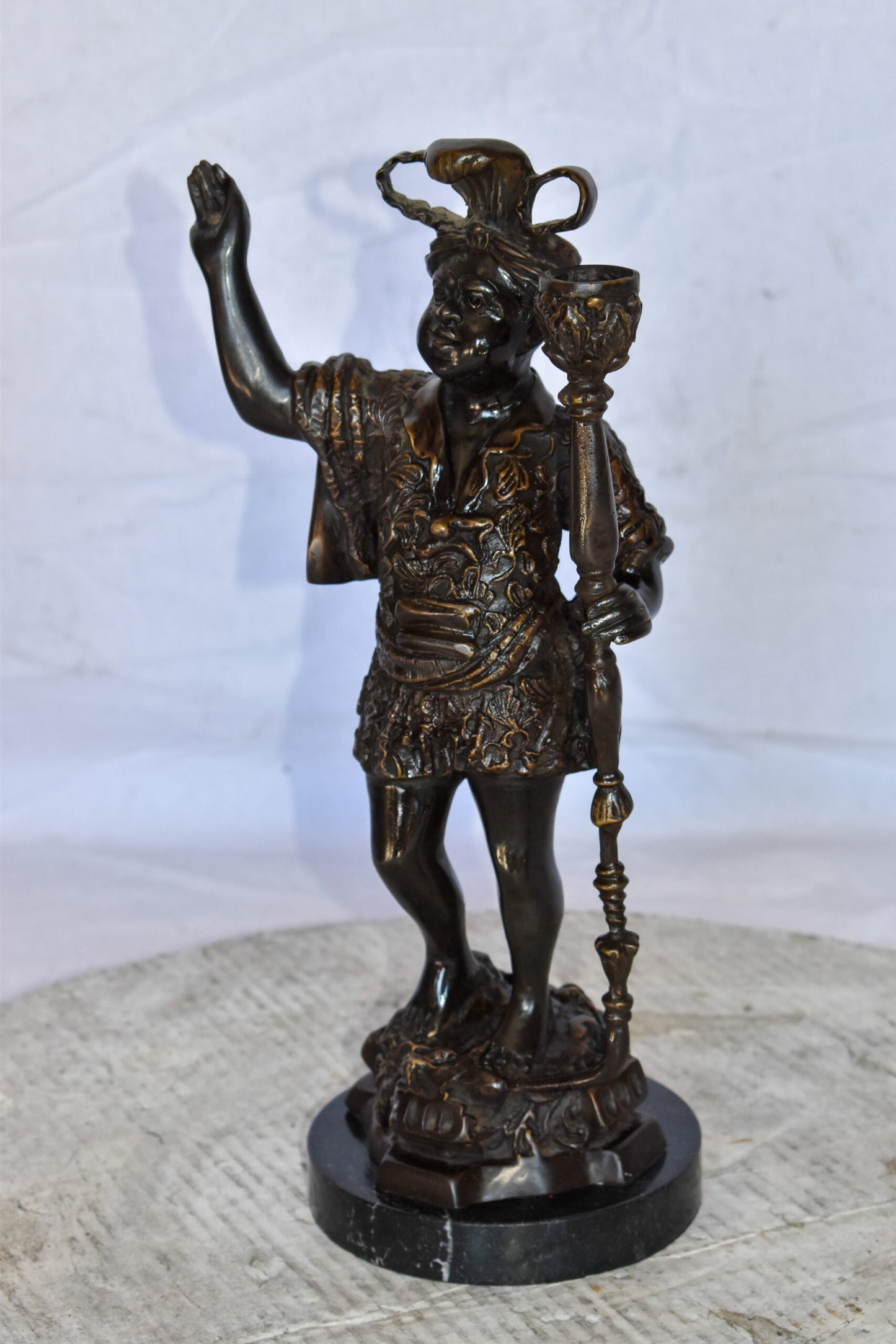 Blackamoor Candle Holder Made of Bronze Statue Mounted on Marble 9" x 4" x 17"H