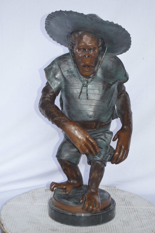 Monkey Cowboy bronze statue - Size: 14"L x 12"W x 29"H.