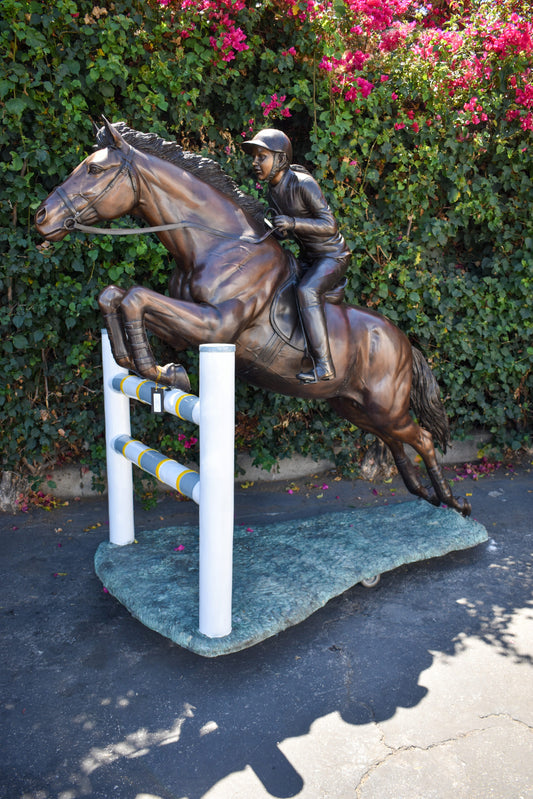 Life Size Horseback Rider Jumping Realistic Bronze Statue Size: 85" x 45" x 71"H