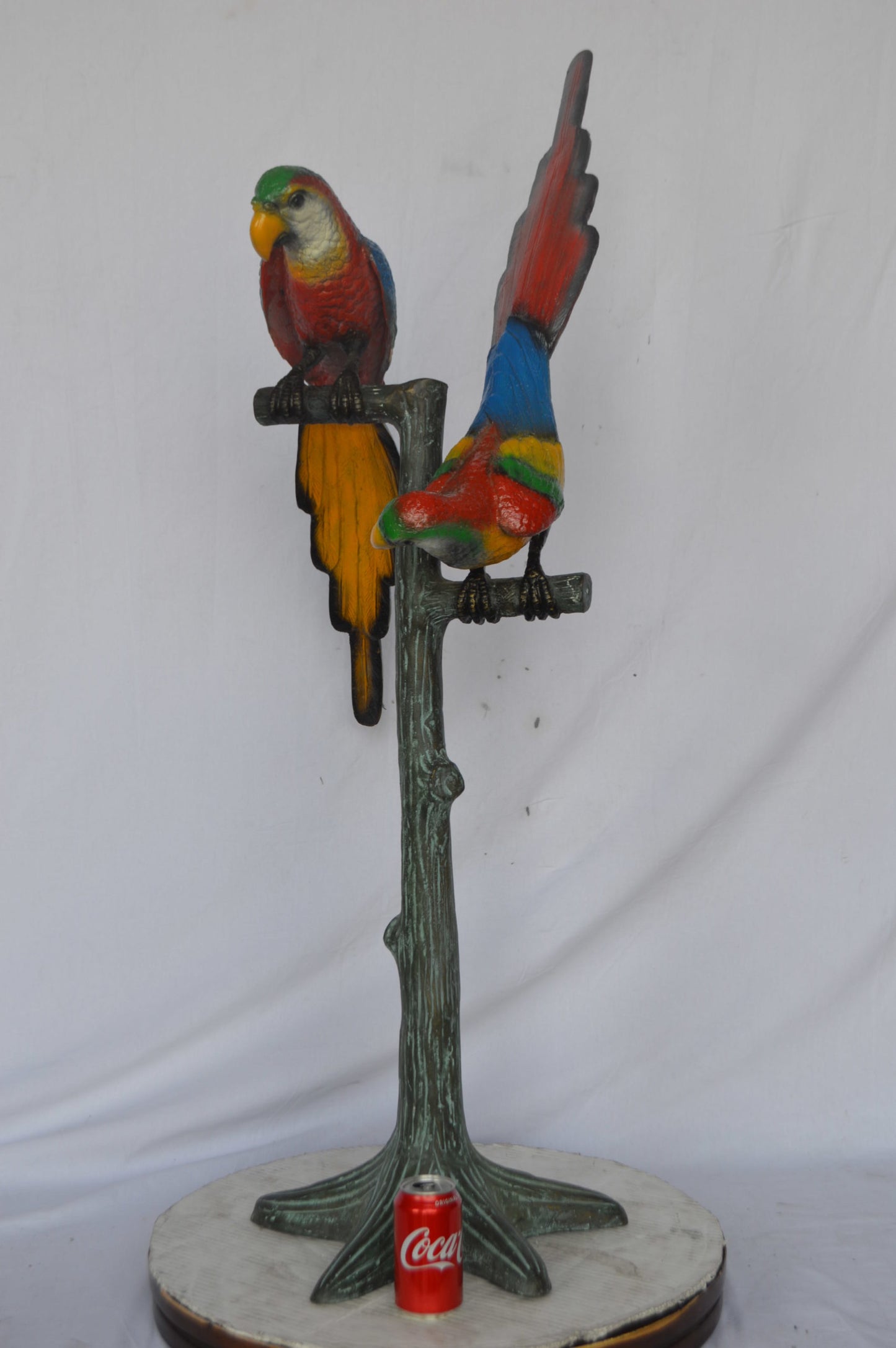 Two parrots on a tree bronze statue - Size: 16"L x 22"W x 52"H.