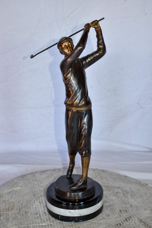 Golfer In Action Bronze Statue Mounted on Marble Size: 11" x 5" x 23"H