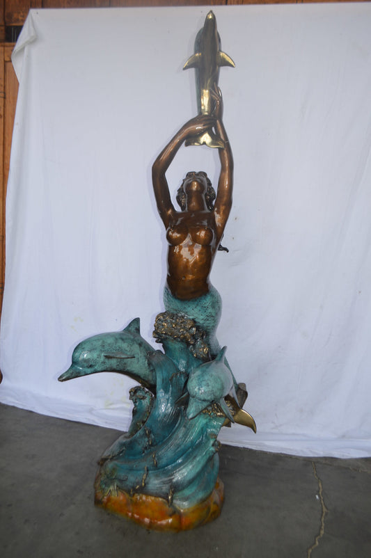 Mermaid and Three dolphins fountain bronze statue - Size: 34"L x 41"W x 83"H.