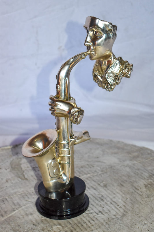 Modern Art of a Saxophone Player Bronze Statue on Marble Size: 7" x 5" x 15"H
