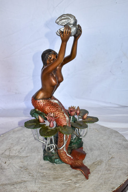 Mermaid Art Nude Holding a Shell Colored Bronze Statue Fountain  10 x 8 x 21”H