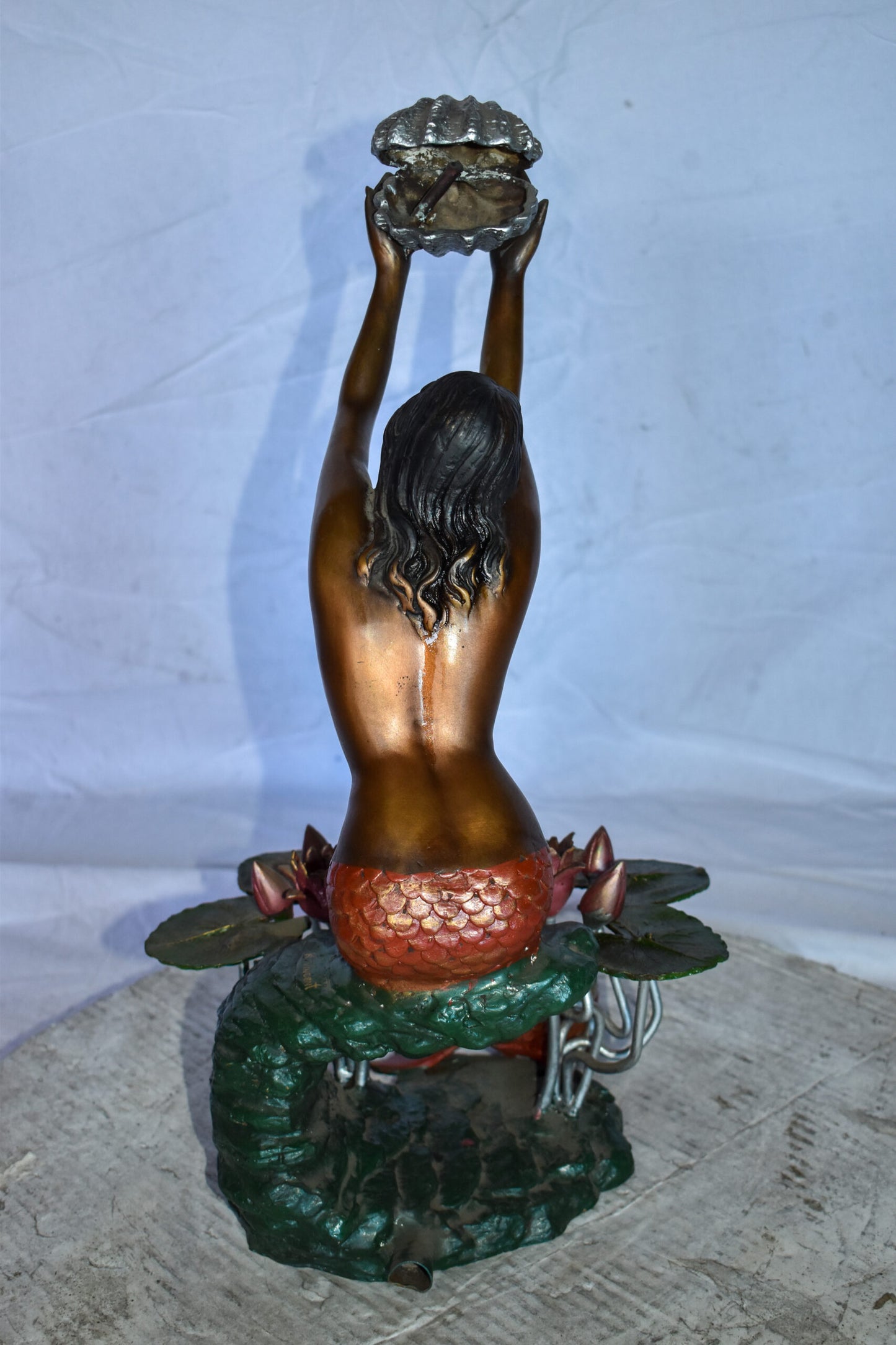 Mermaid Art Nude Holding a Shell Colored Bronze Statue Fountain 10 x 8 x 21”H