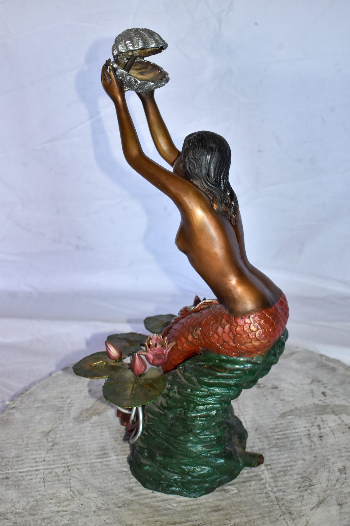 Mermaid Art Nude Holding a Shell Colored Bronze Statue Fountain 10 x 8 x 21”H