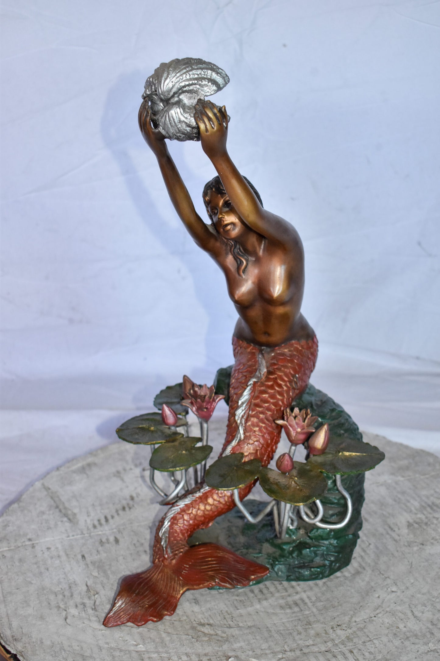 Mermaid Art Nude Holding a Shell Colored Bronze Statue Fountain 10 x 8 x 21”H