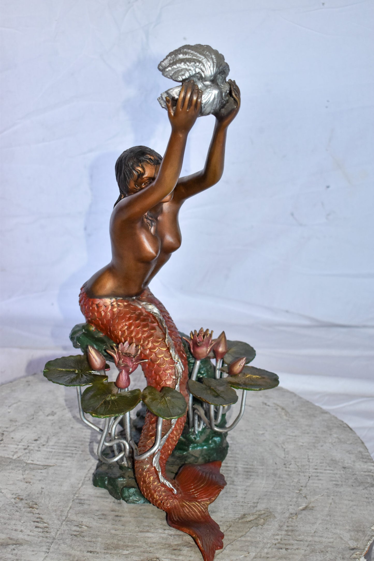 Mermaid Art Nude Holding a Shell Colored Bronze Statue Fountain 10 x 8 x 21”H