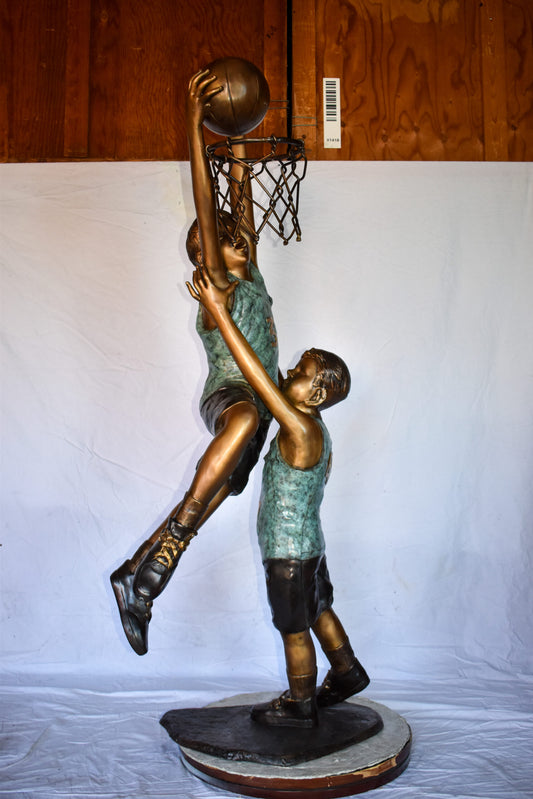 Kids Playing Basketball in Action Life Size Bronze Statue  27" x 17" x 66"H