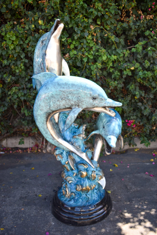 Pod Of Three Playful Dolphins on Waves Bronze Statue Fountain 40" x 30" x 74"H