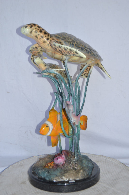 Two Turtles and Nemo Clownfish Bronze Statue - Size: 18"L x 15"W x 26"H.