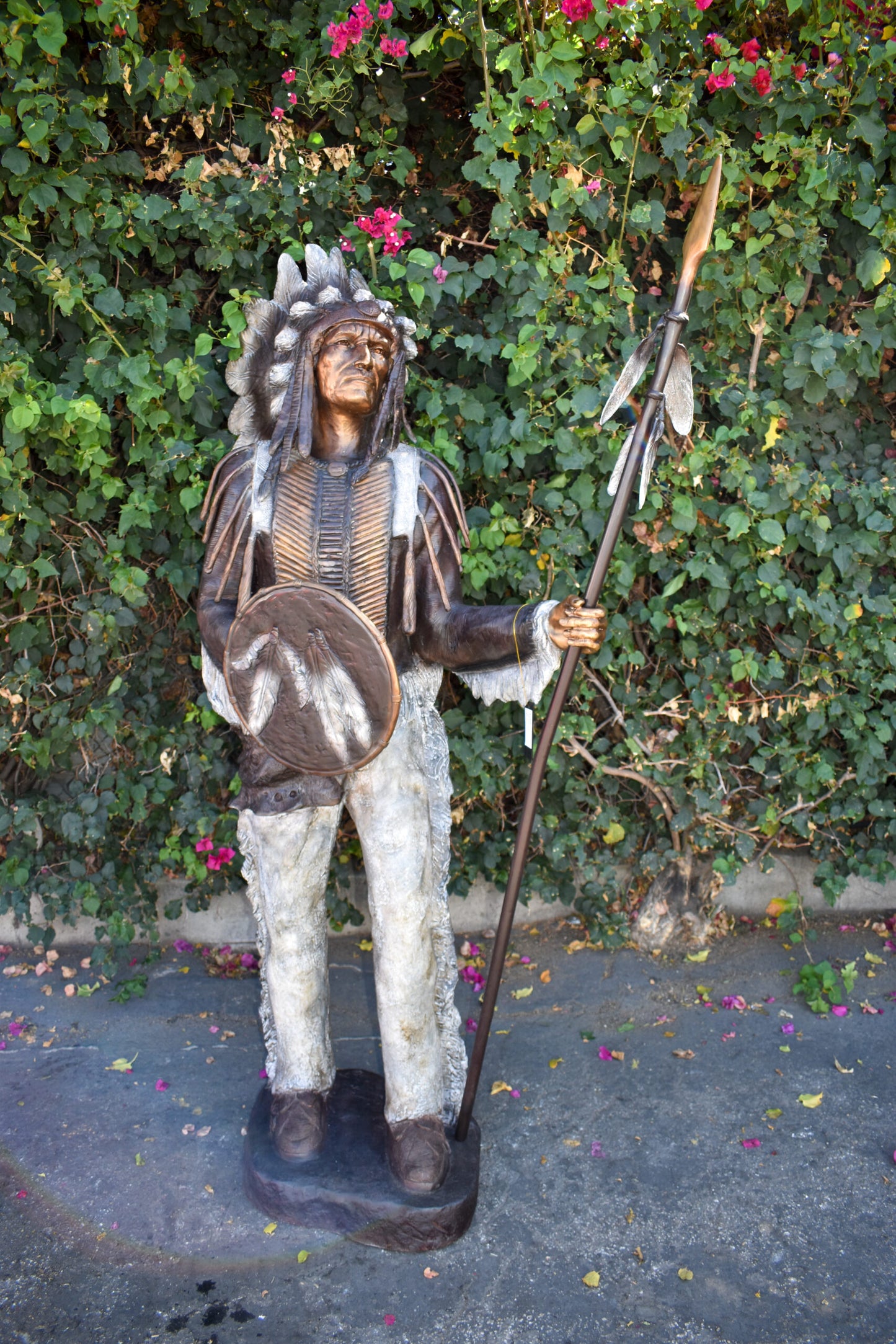 Indian Chief Green and Brown Patina Detailed Bronze Statue 42" x 24" x 74"H