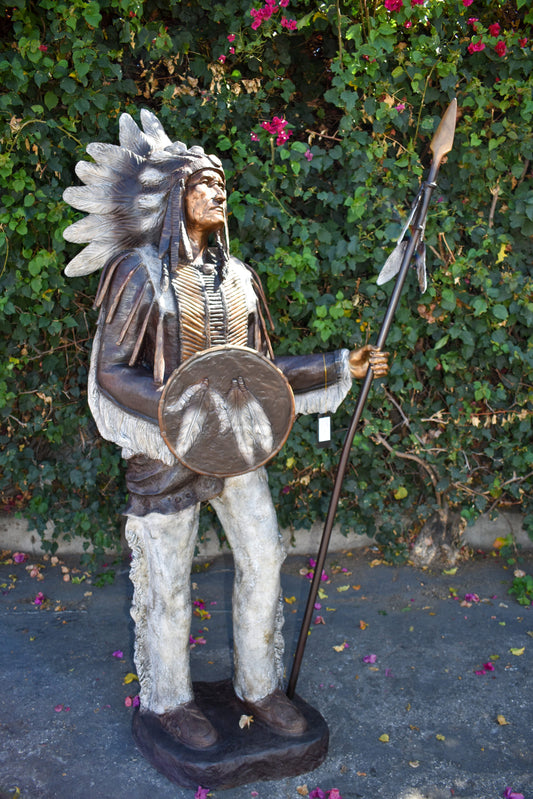 Indian Chief Green and Brown Patina Detailed Bronze Statue 42" x 24" x 74"H