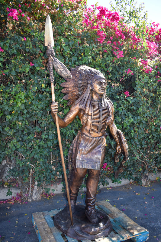 Indian Chief Brown Patina Detailed Bronze Statue Size: 50" x 36" x 95"H