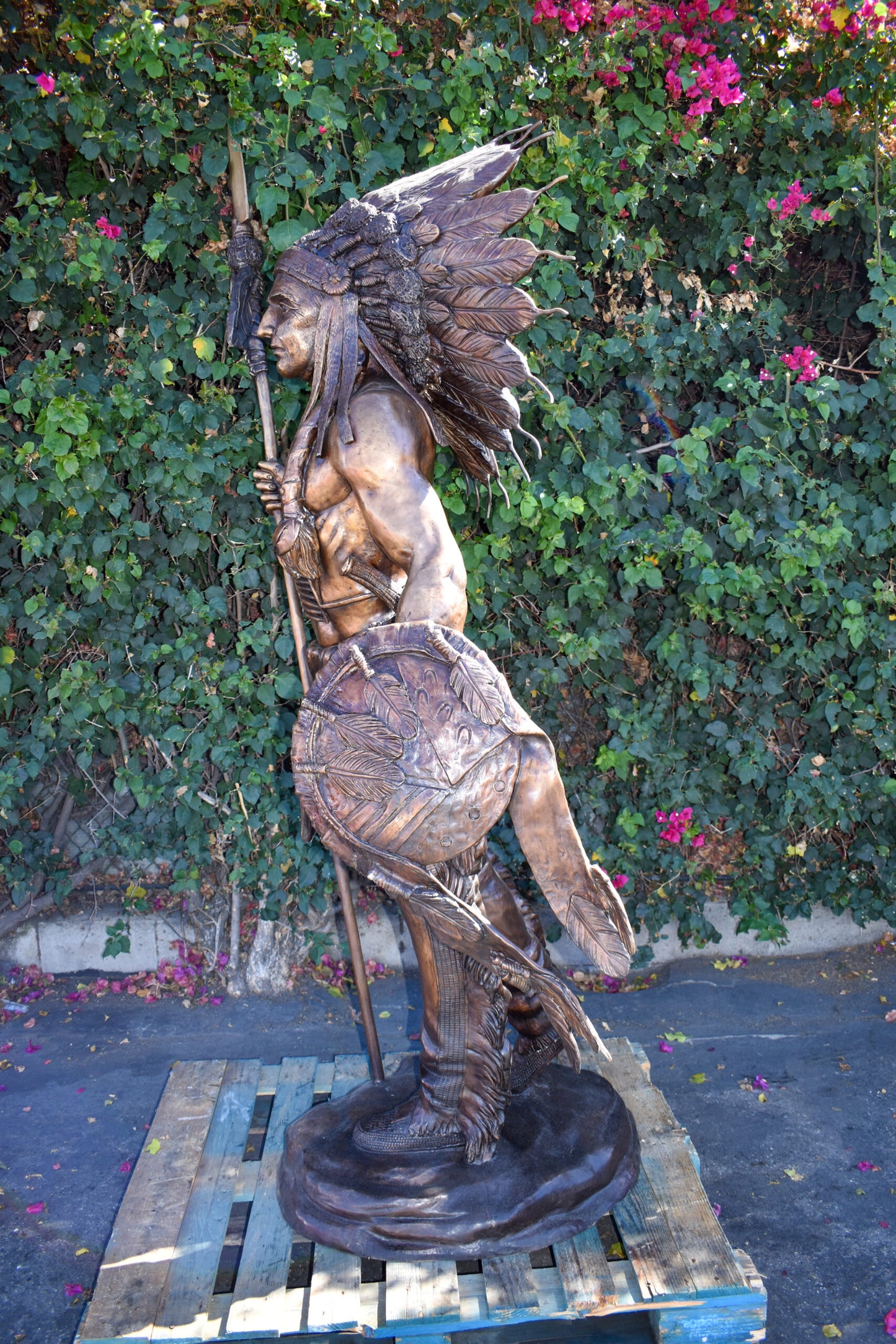 Indian Chief Brown Patina Detailed Bronze Statue Size: 50" x 36" x 95"H
