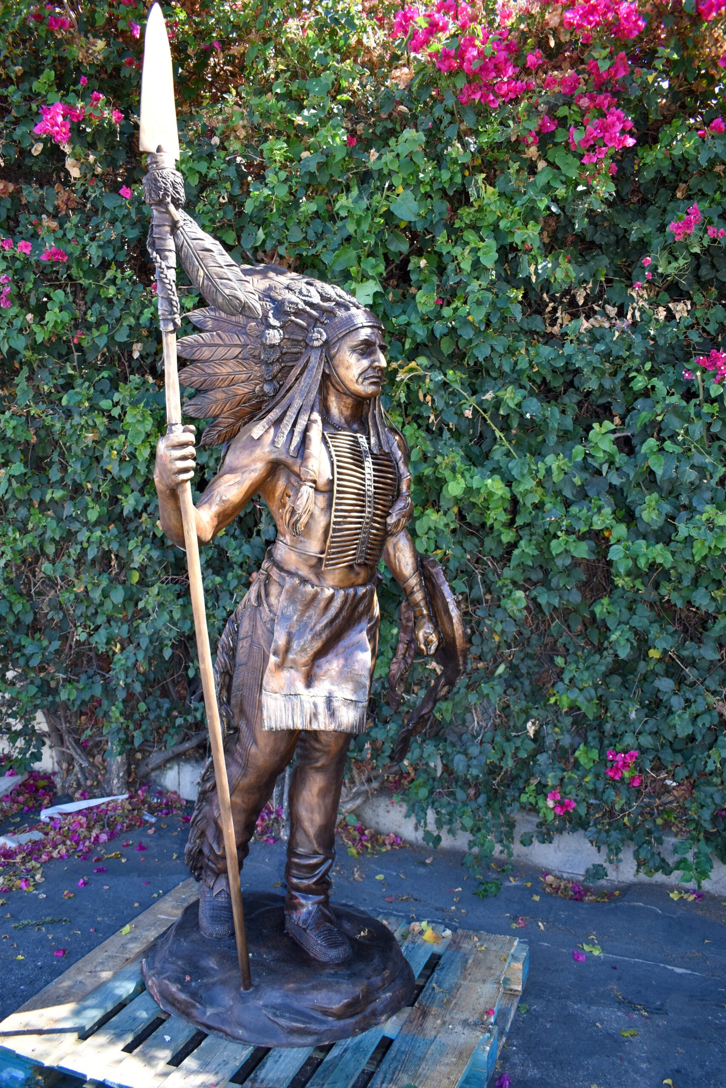 Indian Chief Brown Patina Detailed Bronze Statue Size: 50" x 36" x 95"H