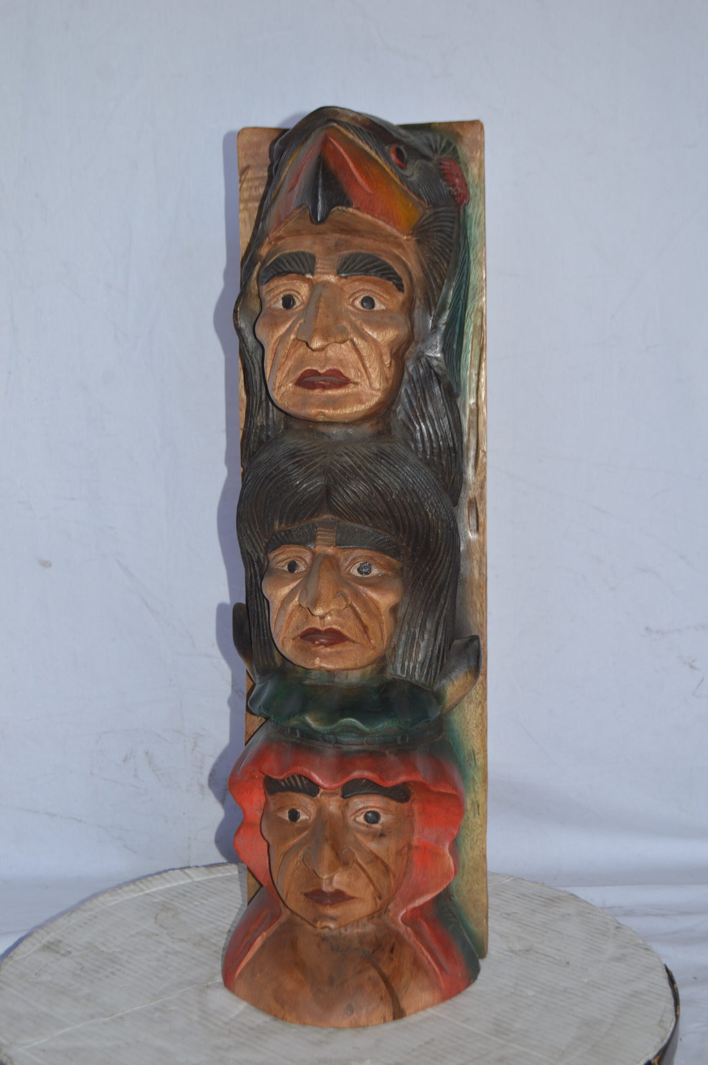 Indian Totem Made of Wood Statue - Size: 8"L x 10"W x 30"H.