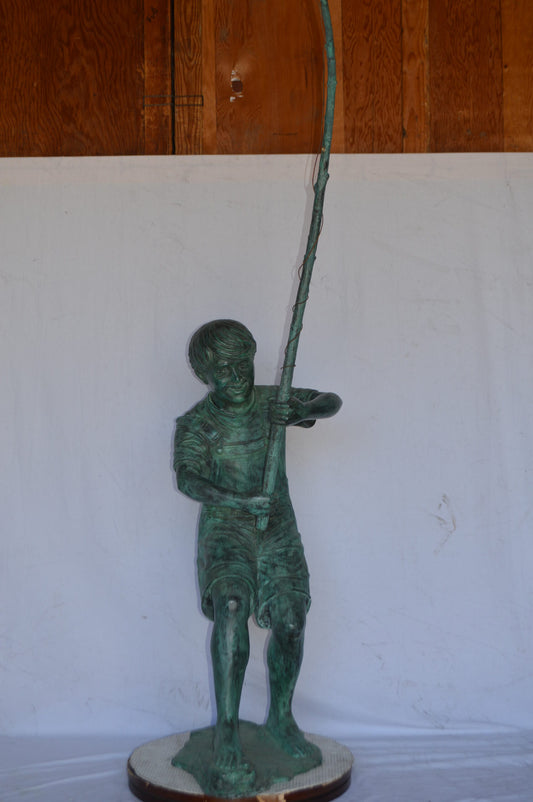 Young Boy Fishing Bronze Statue - green patina - Size: 16"L x 54"W x 62"H.