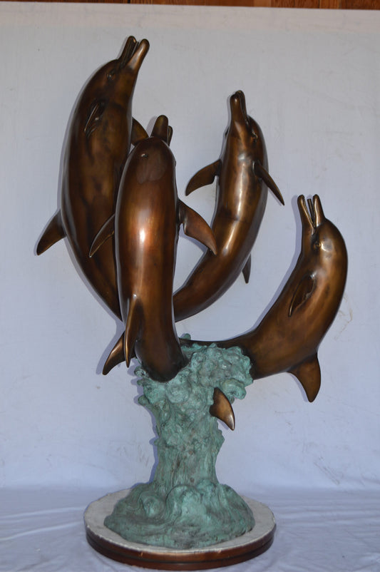 Four Dolphins Jumping Bronze Statue Fountain - Size: 39"L x 41"W x 62"H.