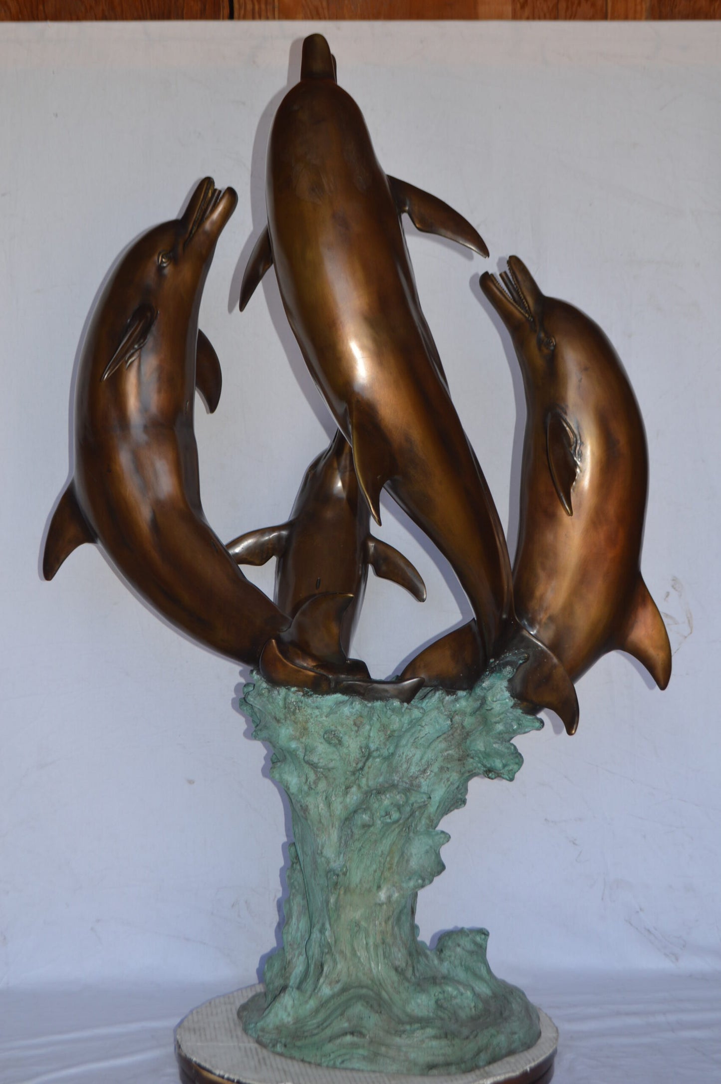 Four Dolphins Jumping Bronze Statue Fountain - Size: 39"L x 41"W x 62"H.