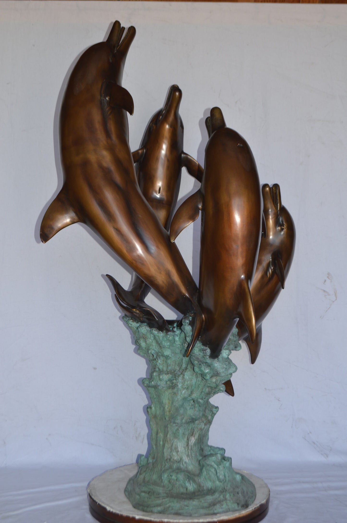 Four Dolphins Jumping Bronze Statue Fountain - Size: 39"L x 41"W x 62"H.