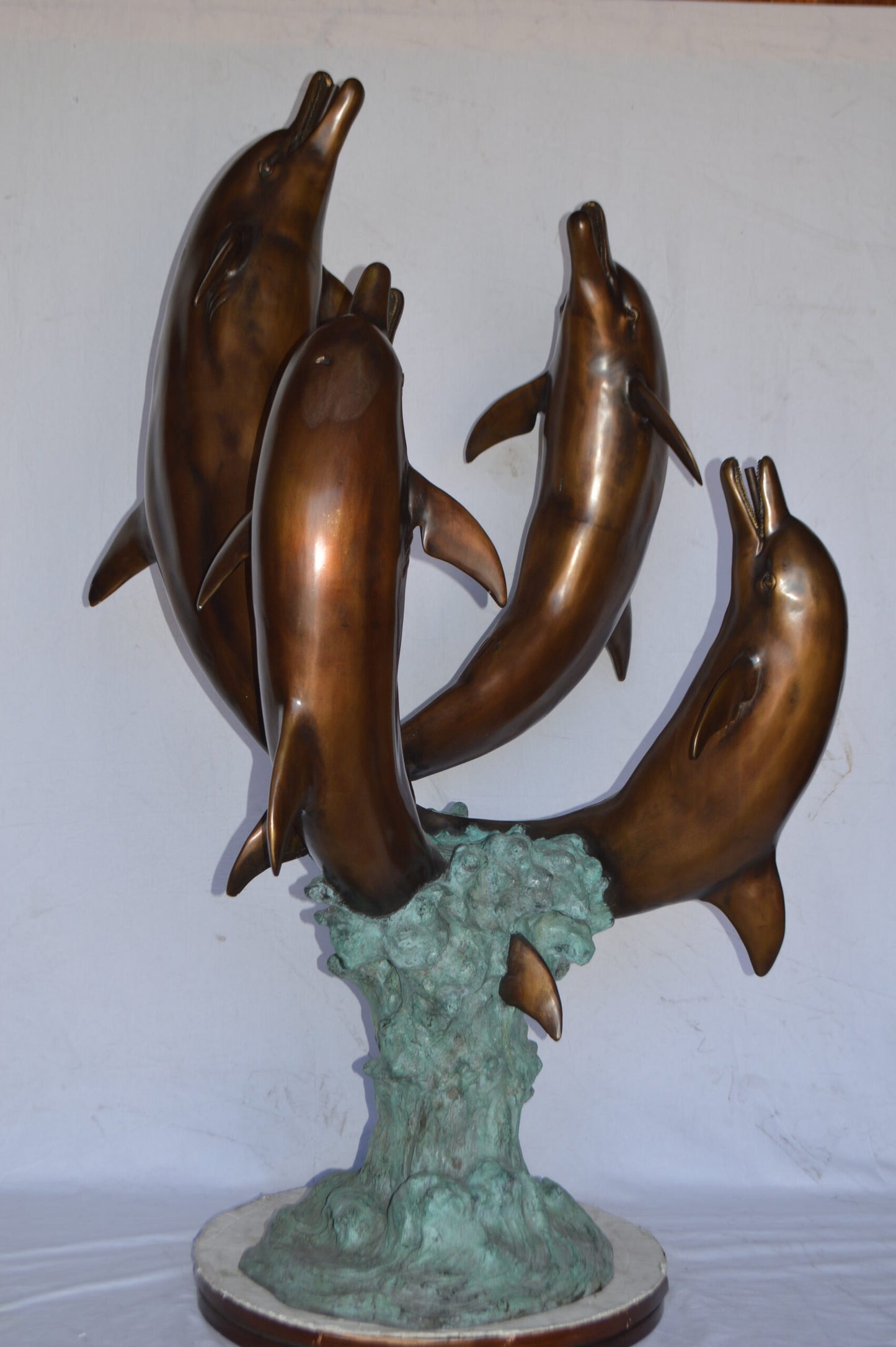 Four Dolphins Jumping Bronze Statue Fountain - Size: 39"L x 41"W x 62"H.