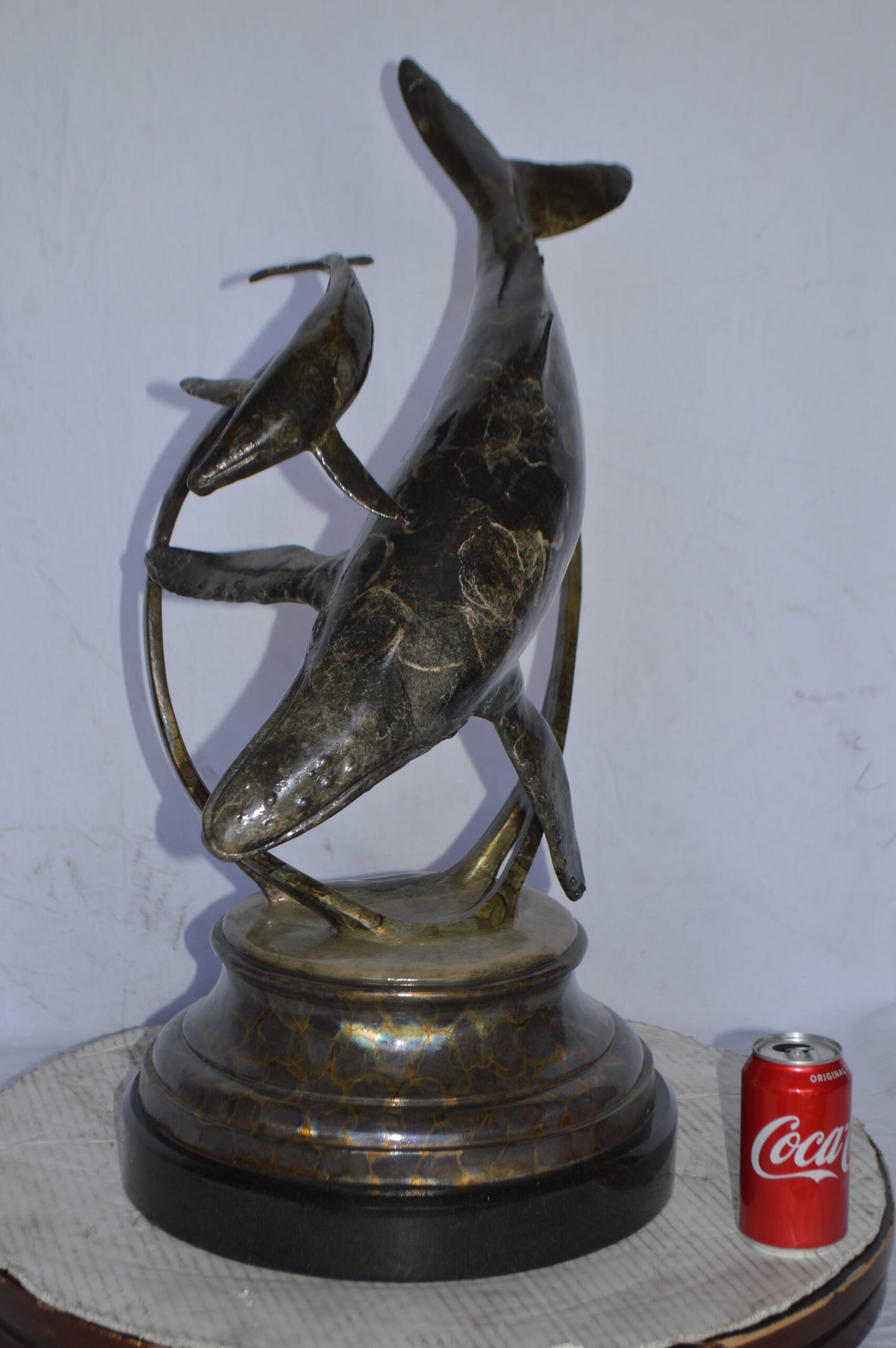 Tenderness Blue Whale Bronze Statue by J. Townsend - Size: 20"L x 14"W x 29"H.
