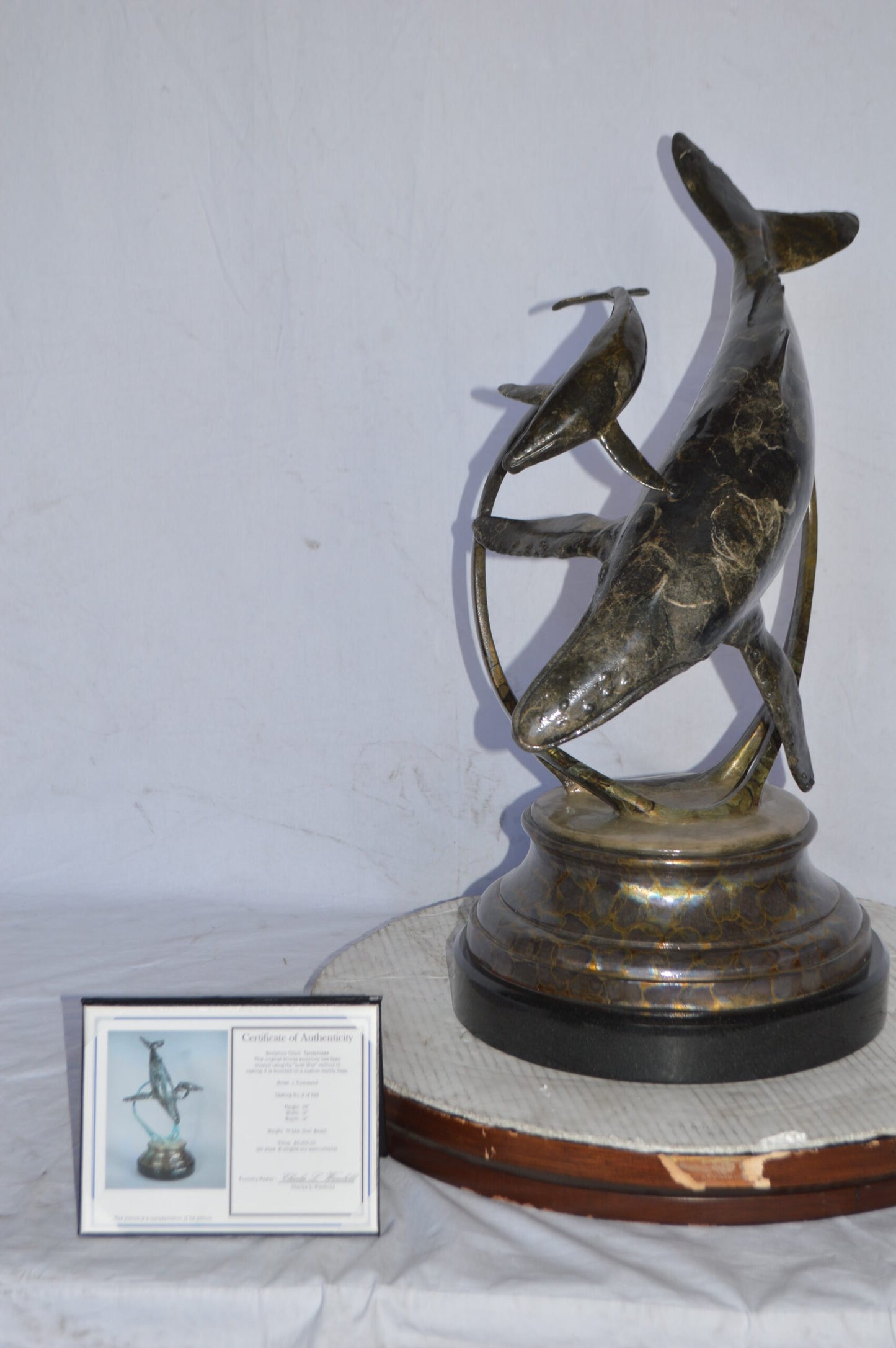 Tenderness Blue Whale Bronze Statue by J. Townsend - Size: 20"L x 14"W x 29"H.