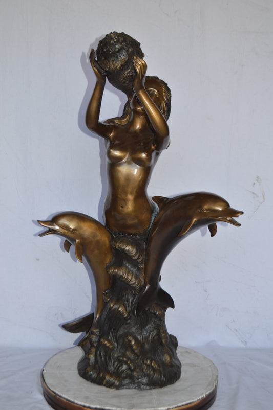 Mermaid with Two Dolphins Bronze Fountain Art Nude - Size: 26"L x 22"W x 43"H.